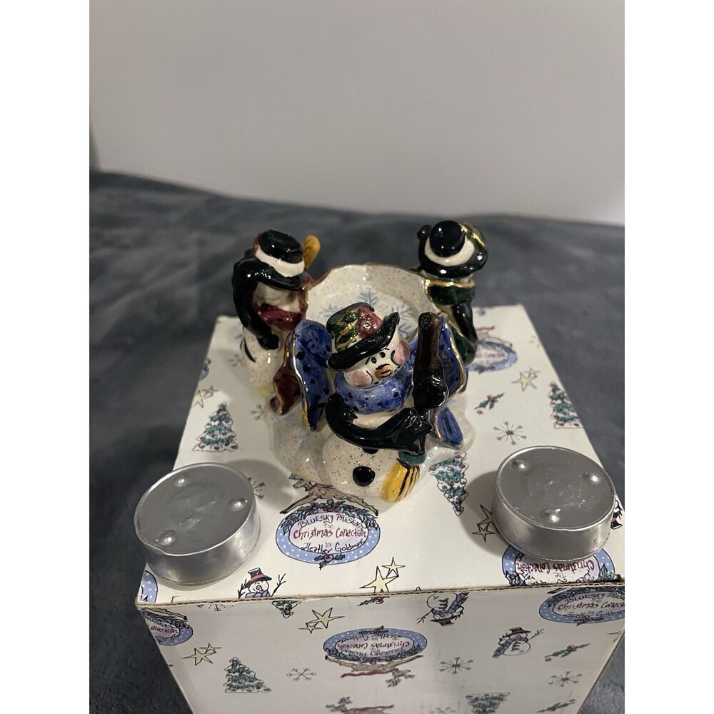 Vintage 2001 Tea Light 3 Snow Men Candle Holder Christmas Decor Winter Holiday